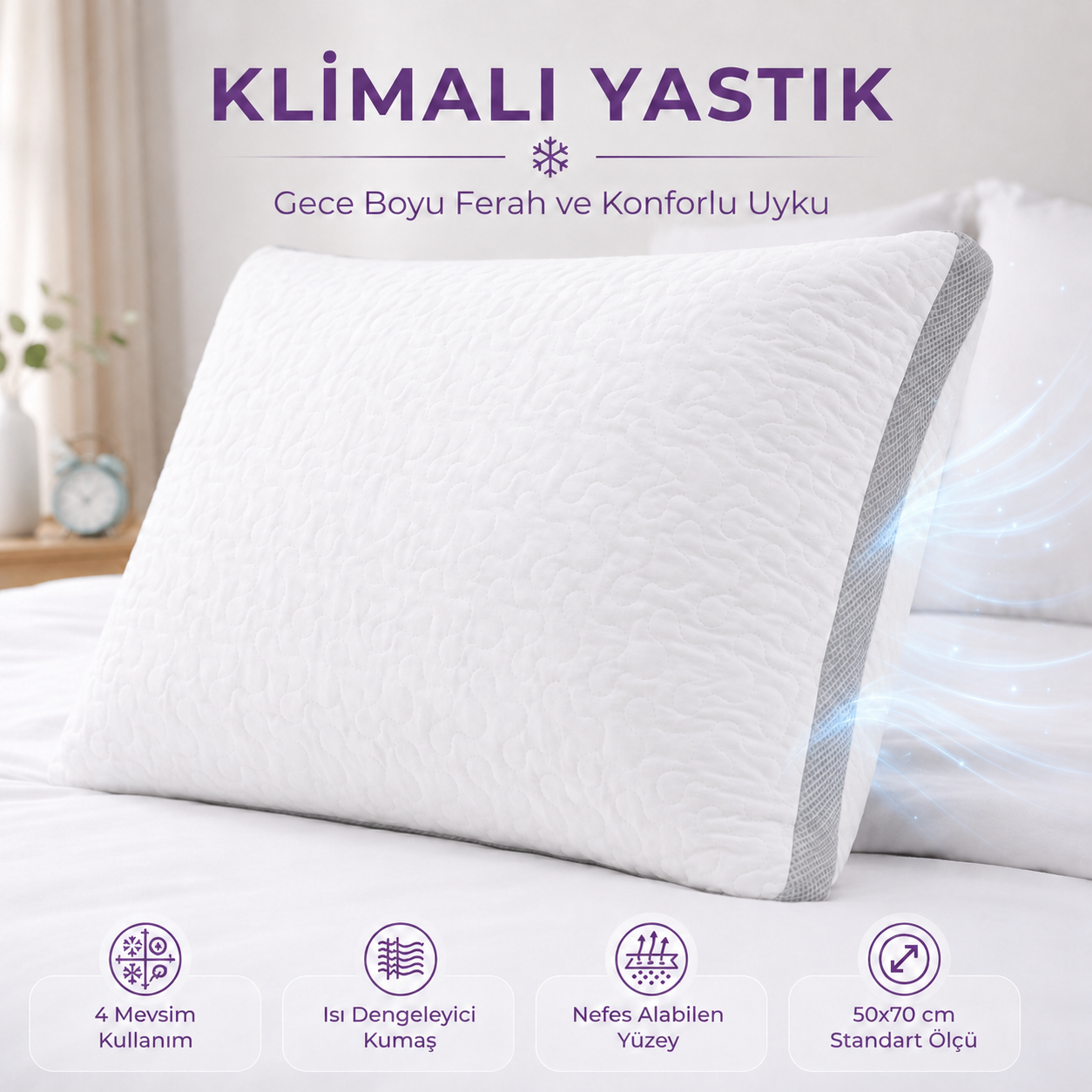 Klimalı Yastık 50x70 cm – Isı Dengeleyici ve Nefes Alabilen Yastık